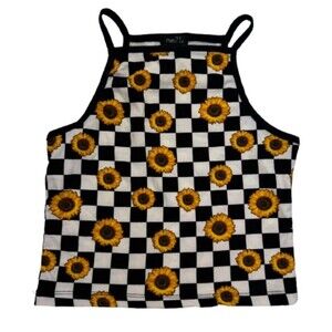 Rue 21 Crop Tank Top Size Small Black White Checkered Sunflowers Y2K